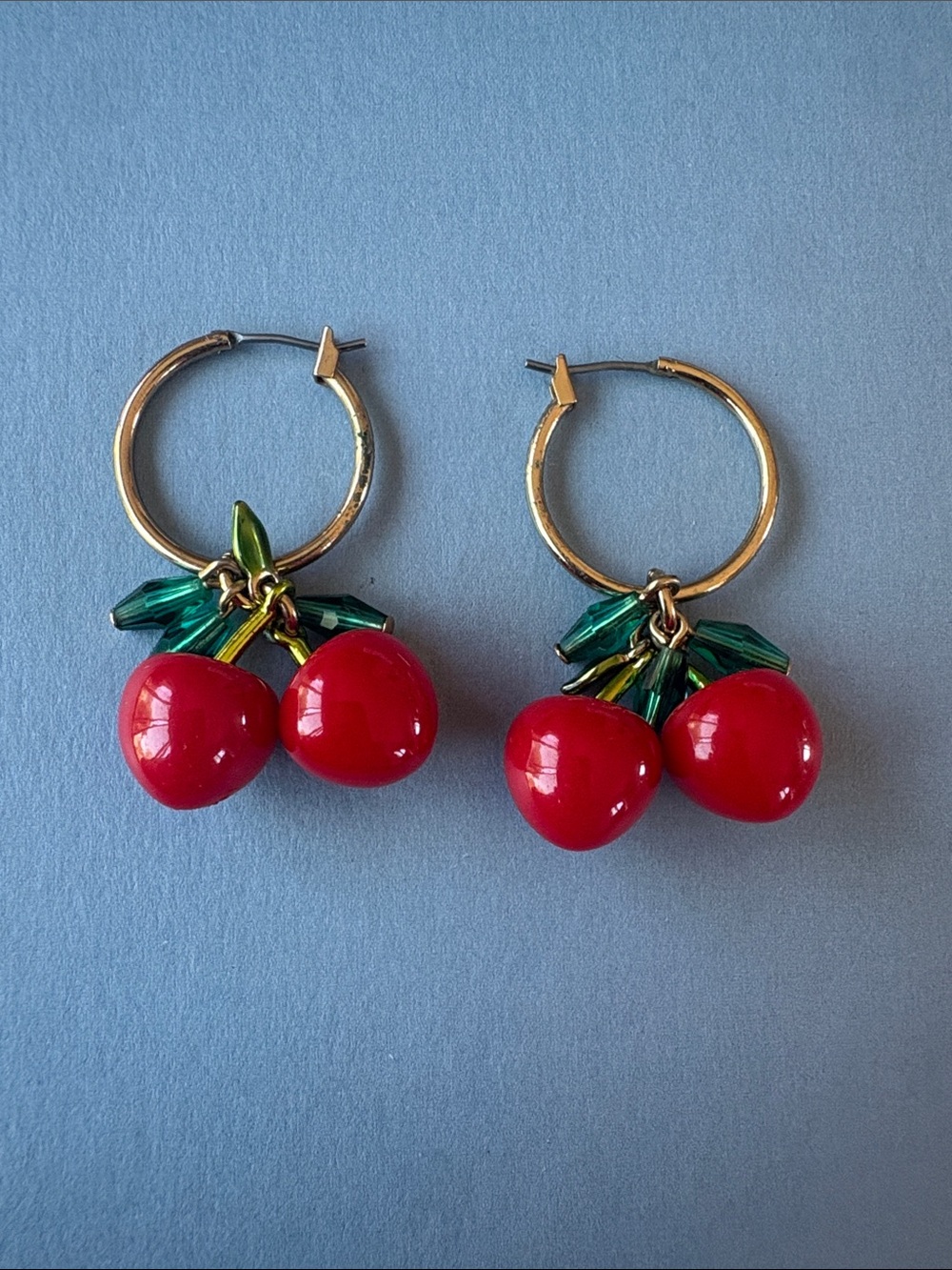 J. Crew Gold Hoop Earrings with Red Cherry and Green Leaf Charms